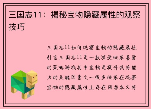 三国志11：揭秘宝物隐藏属性的观察技巧