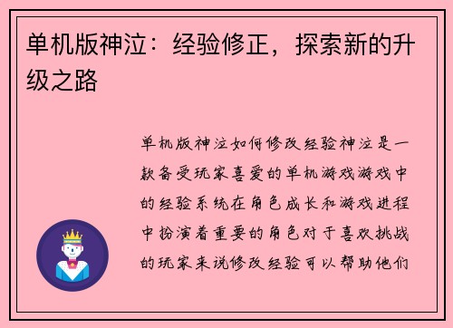 单机版神泣：经验修正，探索新的升级之路